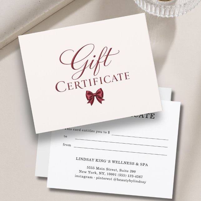 Certificat Cadeau Élégant Ruban Beige Rouge (Elegant Bow Beige Red Gift Certificate)