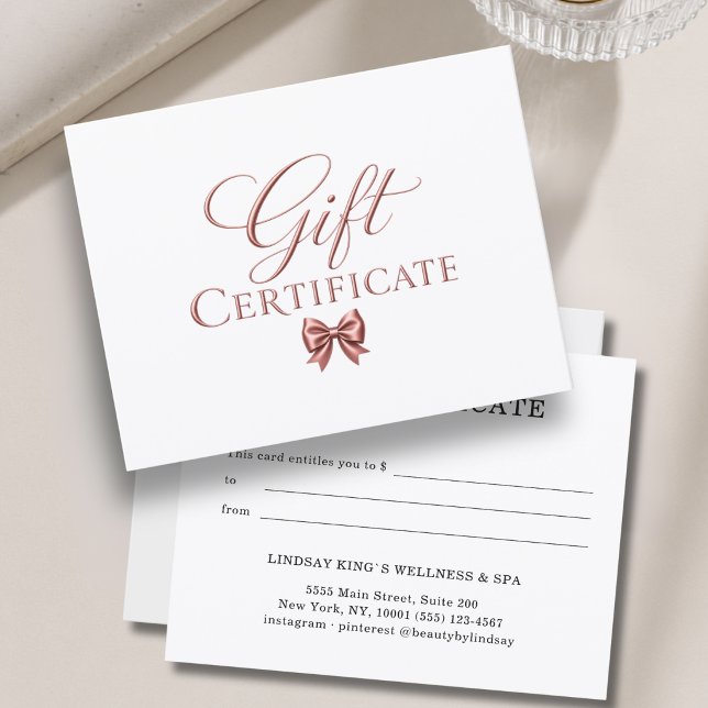 Certificat Cadeau Élégant Ruban Blanc Rosé Or (Elegant Bow White Rosegold Gift Certificate)