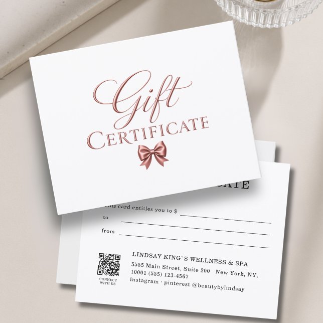 Certificat Cadeau Élégant Ruban Blanc Rosé Or (Elegant Bow White Rosegold Gift Certificate)