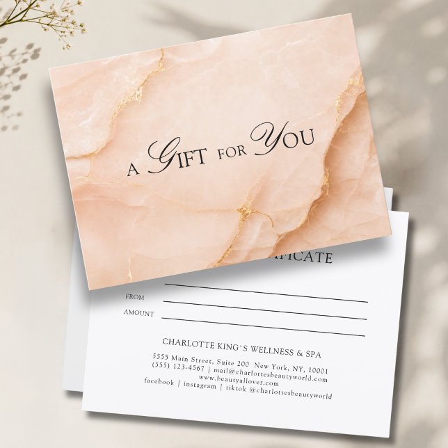 Certificat Cadeau en Marbre Bleu Élégant (A Gift for You! Peach Gold Marble Gift Certificate)