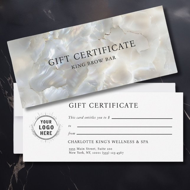 CERTIFICAT CADEAU EN MARBRE D'ARGENT BLANC DE SALO (MARBEL WHITE-SILVER SALON LOGO GIFT CERTIFICATE with your name, data & your ownn logo)