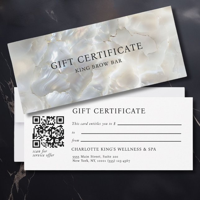 CERTIFICAT CADEAU EN MARBRE EN ARGENT BLANC SALON  (MARBEL WHITE-SILVER SALON QR CODE GIFT CERTIFICATE with your name and data.)