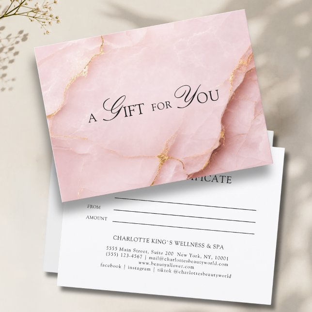 Certificat Cadeau en Marbre Rose Élégant (A Gift for You! Blush Pink Gold Marble Gift Certificate)