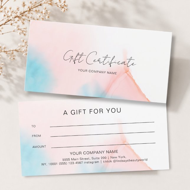 Certificat-cadeau encre aquarelle (Watercolor Ink Gift Certficate Blue White Pink Orange)