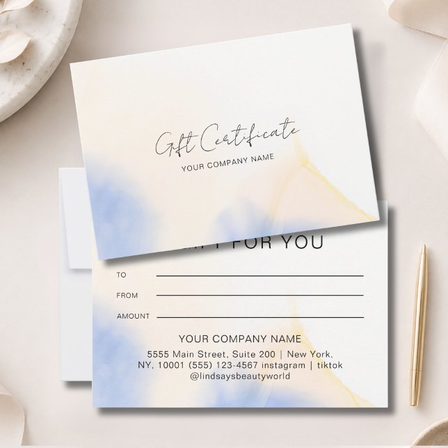 Certificat-cadeau encre aquarelle (Watercolor Ink QR Code Gift Certficate Blue Beige Orange)