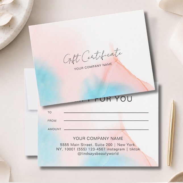 Certificat-cadeau encre aquarelle (Watercolor Ink Gift Certficate Blue Beige Pink)