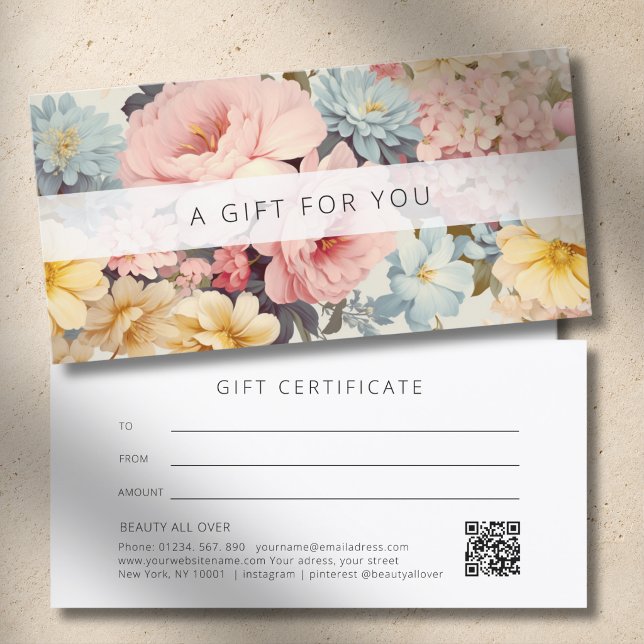 Certificat Cadeau Entreprise Code QR Floral Vintag (Vintage Floral QR Code Business Gift Certificate)