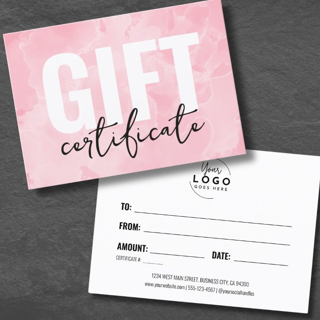 Certificat Cadeau Entreprise Logo Rose (Pink Watercolor Logo Business Gift Certificate)
