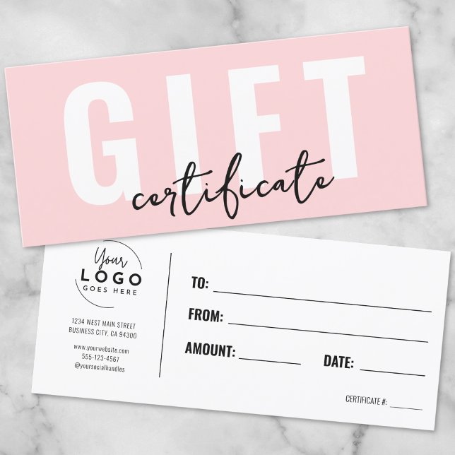 Certificat Cadeau Entreprise Minimaliste Rose Logo (Logo Pink Minimal Business Gift Certificate)