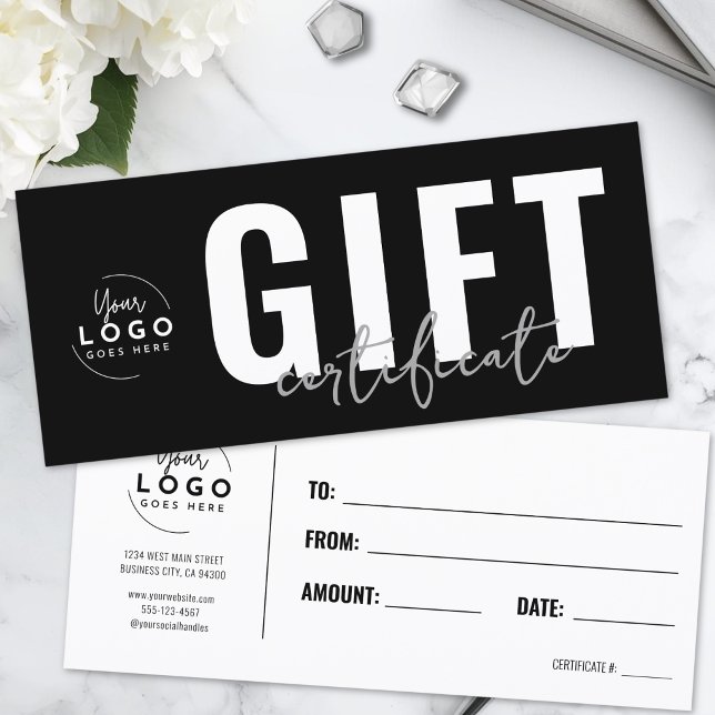 Certificat Cadeau Entreprise Moderne Noir Logo (Logo Modern Black Business Gift Certificate)