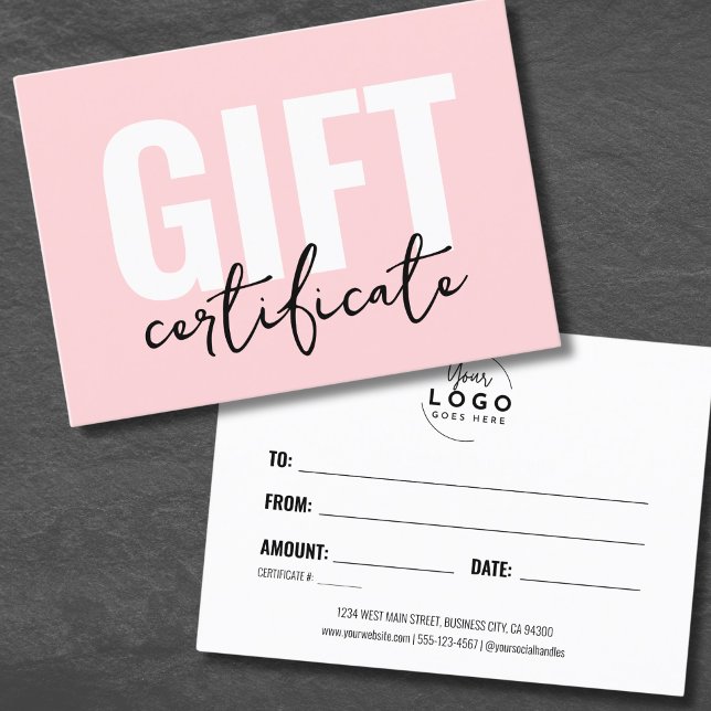 Certificat Cadeau Entreprise Rose Pâle Minimaliste (Your Logo Pink Minimal Business Gift Certificate)