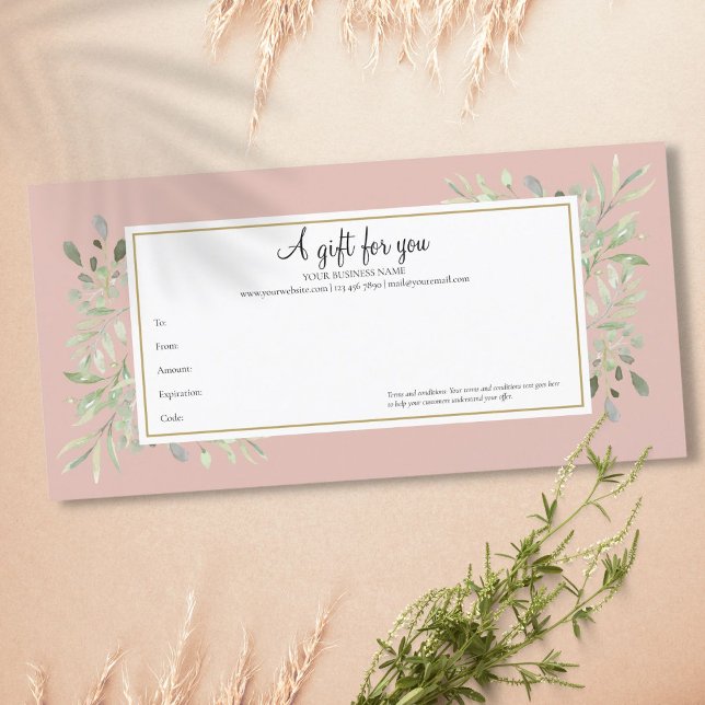 Certificat Cadeau Feuilles de Printemps Rose Pâle  (Elegant Blush Pink Spring Leaves Gift Certificate)