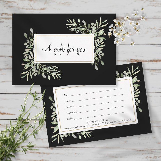 Certificat Cadeau Feuilles Vertes Noir Blanc (Greenery Leaves Black White Gift Certificate)