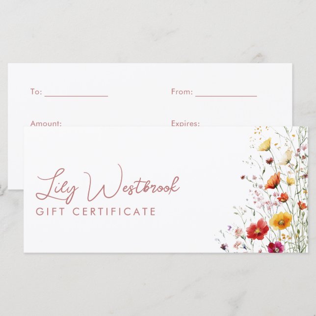 Certificat Cadeau Fleur Sauvage Aquarelle Rose Mod (Devant / Derrière)
