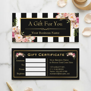 Certificat Cadeau Fleurs Or Bandes Noires et Blanc