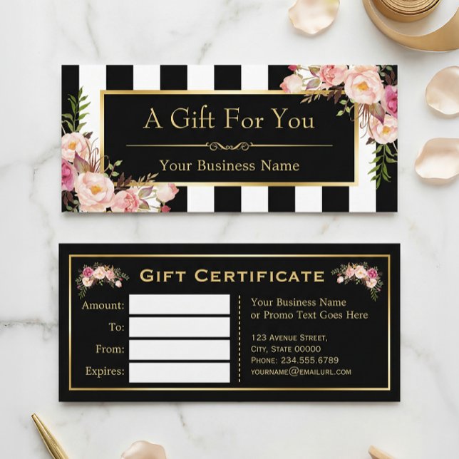 Certificat Cadeau Fleurs Or Bandes Noires et Blanc (Créateur téléchargé)