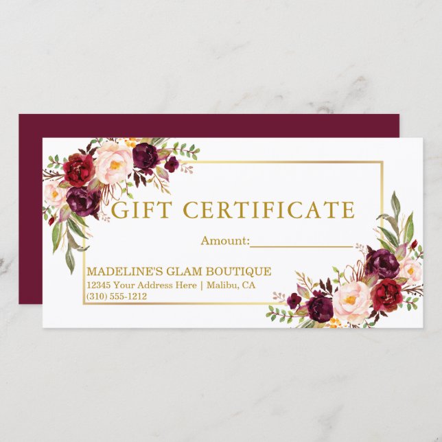 Certificat Cadeau Floral Aquarelle Bourgogne Or (Devant / Derrière)