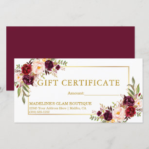Certificat Cadeau Floral Aquarelle Bourgogne Or