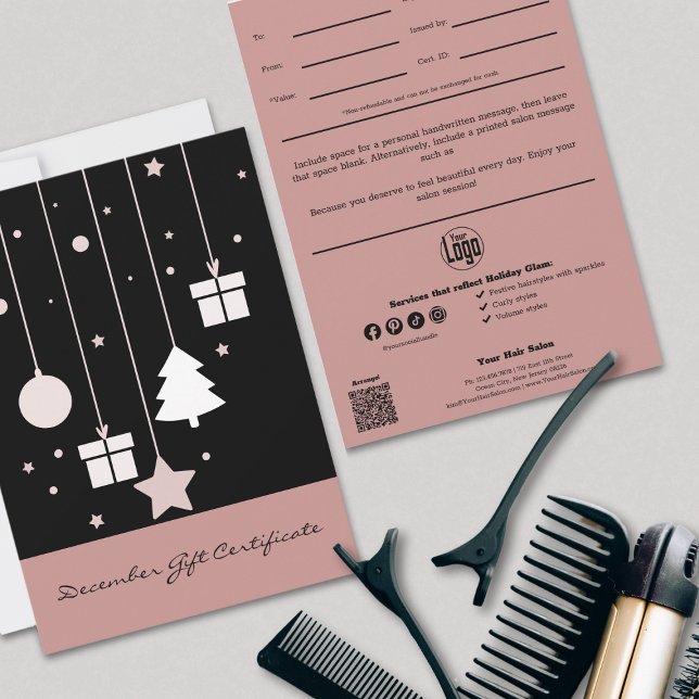 Certificat Cadeau Hiver Petite Entreprise Black Pi (Stylish Black and Pink December Gift Certificate, QR code, Logo, Note, Cert ID, Service List, Social)