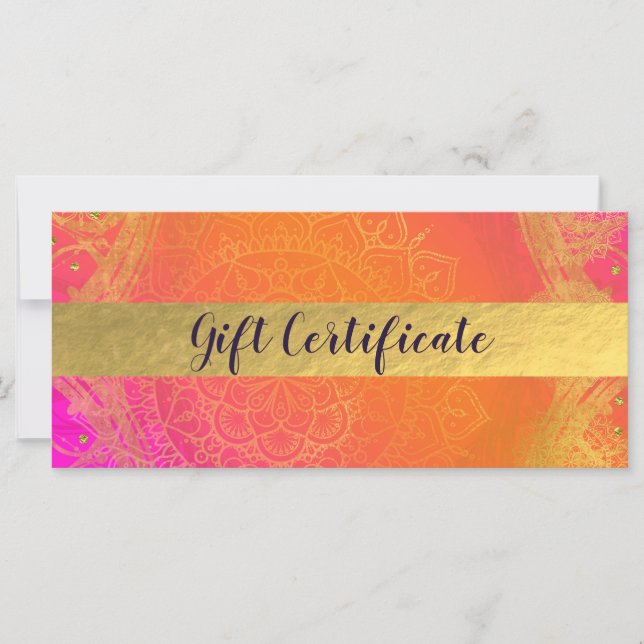 Certificat Cadeau Indien Fuchsia Rose Orange & Or (Devant)