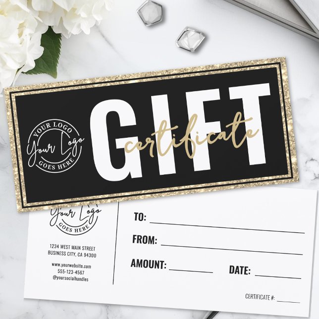 Certificat Cadeau Logo Noir Paillettes Dorées (Logo Black Gold Glitter Business Gift Certificate)