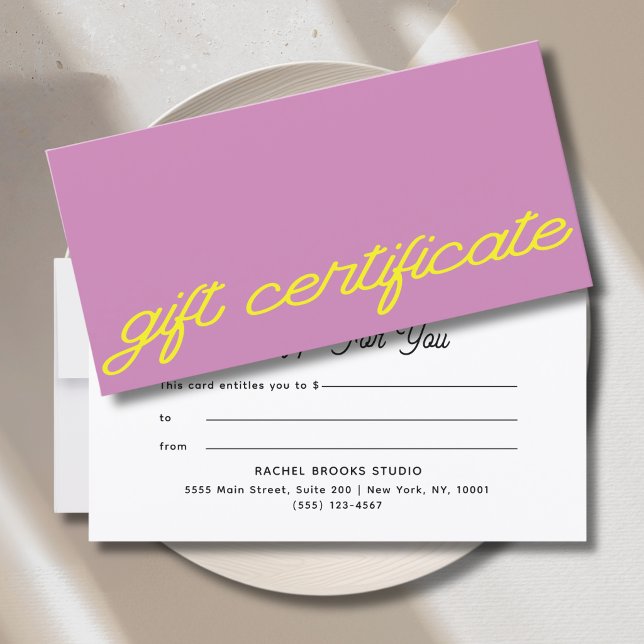 Certificat Cadeau Mauve Rose Écriture Moderne (Modern Script Mauve Pink Gift Certificate)