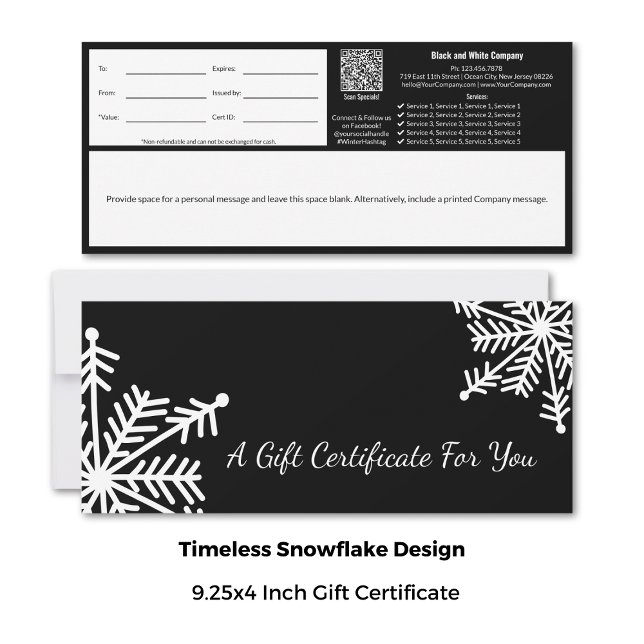 Certificat cadeau minimal Black White Snowflake (9.25x4 Inch, Minimal Black White Snowflake Gift Certificate Cards)