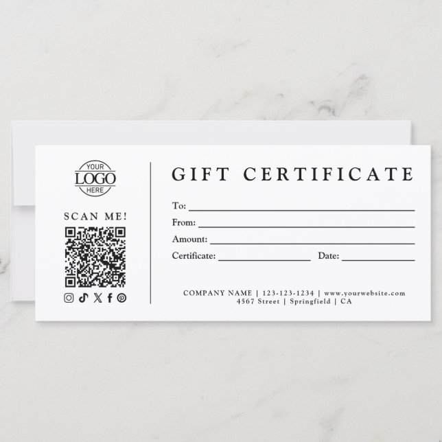 Certificat Cadeau Minimaliste Moderne Personnalisé (Devant)
