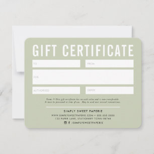 CERTIFICAT CADEAU moderne affaires vert pâle sauge