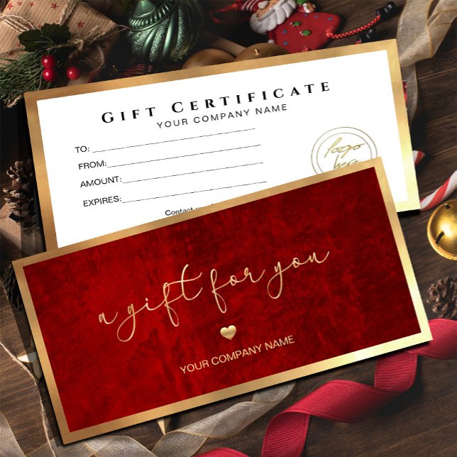 Certificat cadeau moderne Red And Gold Ajouter Log (Modern Red And Gold Add Logo Gift Certificate #deepred #scratchred #texure #voucher #luxurygiftcard)