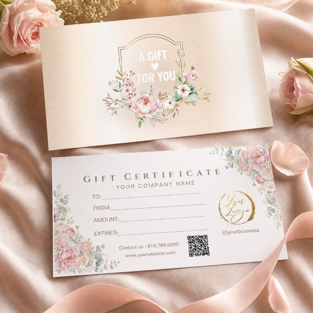 Certificat Cadeau Moderne Rose Floral Or (#certificate #giftcard #pinkfloralvoucher #pinkfloralandgold #luxurygiftcard #beautysalon #romantic)