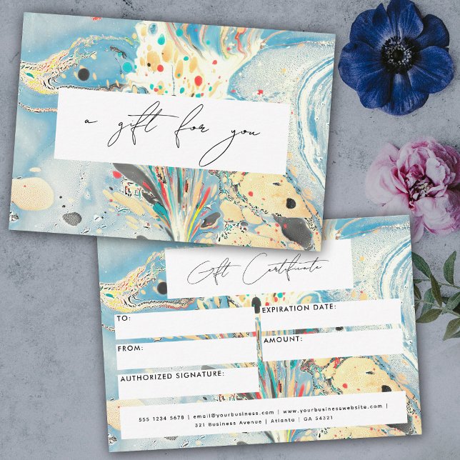 Certificat cadeau moderne Voucher Marbre Bleu Scri (Modern Gift Certificate Voucher Blue Marble Script)