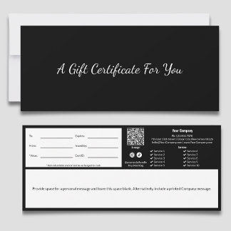 Certificat Cadeau Noir Blanc Minimaliste Professio