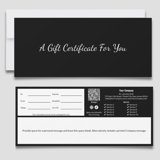 Certificat Cadeau Noir Blanc Minimaliste Professio (Minimal Professional Black White Gift Certificate)