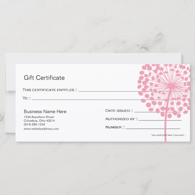 Certificat cadeau Pink Dandelion Flower Design 4 (Devant)