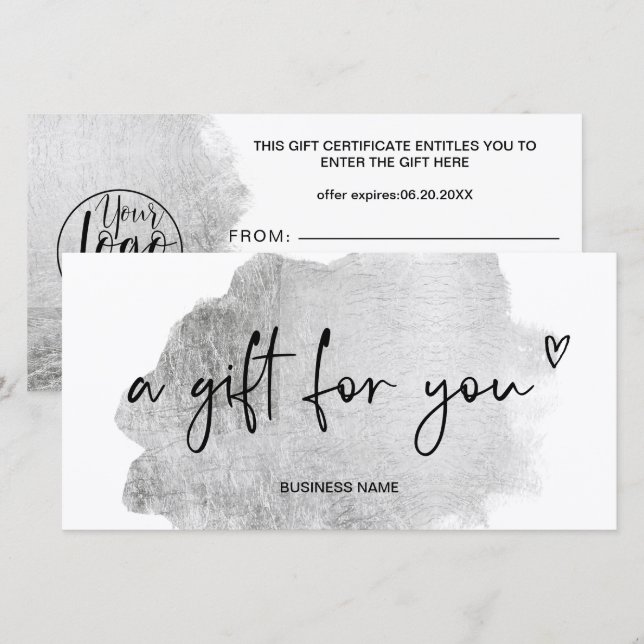 Certificat cadeau pour le coeur en feuille d'argen (Devant / Derrière)