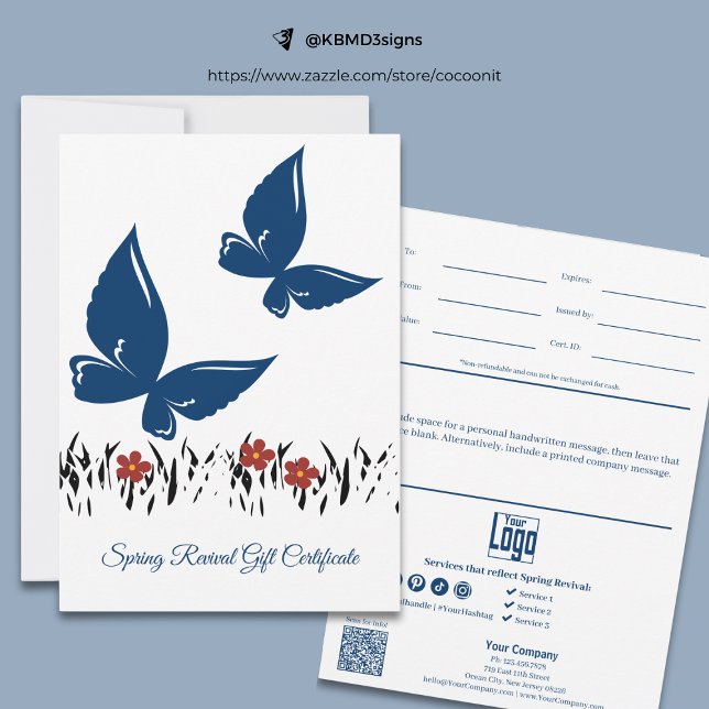 Certificat cadeau pour papillons de printemps prof (Professional Spring Butterflies Gift Certificate, Blue, White, Black Lawn Silhouette, Red Blooms)