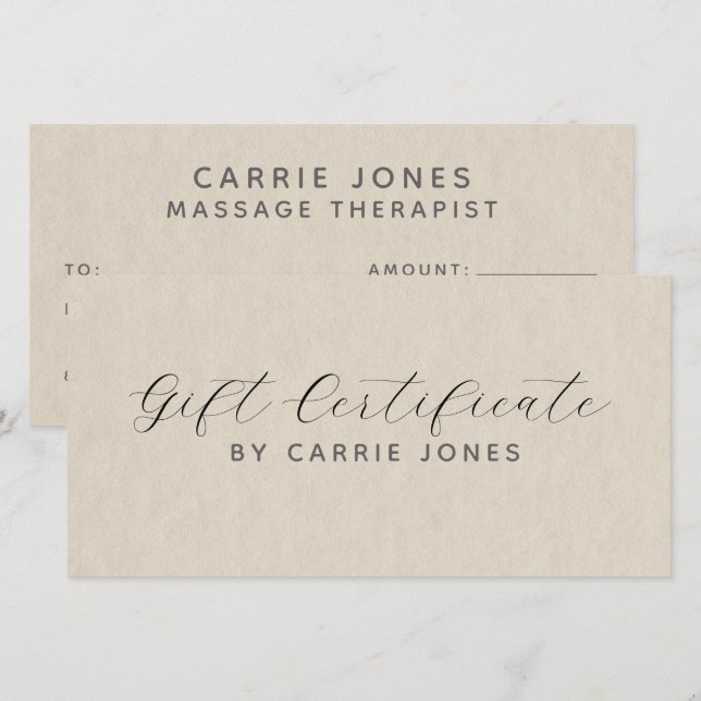 Certificat cadeau pour thérapeute en massage simpl (Devant / Derrière)