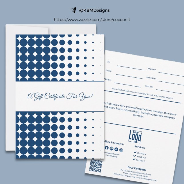 Certificat cadeau professionnel bleu blanc demi-to (Professional Blue White Half Tone Gift Certificate, Track.ID., Personal Note, Logo, SM, Service)