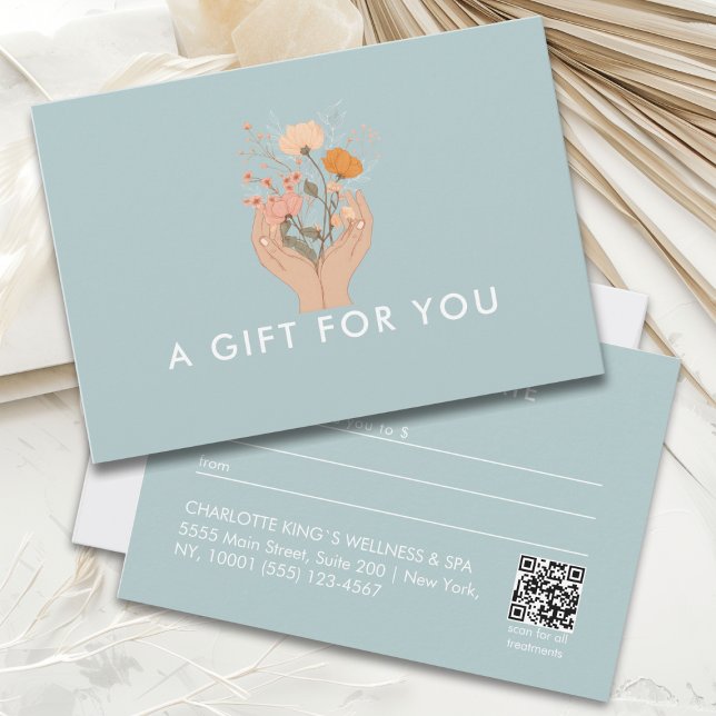 Certificat Cadeau QR-Code du Salon Floral Céleste (Celestial Floral Beige Brown Blue White Boho Salon Qr Code Business Gift Certificate)