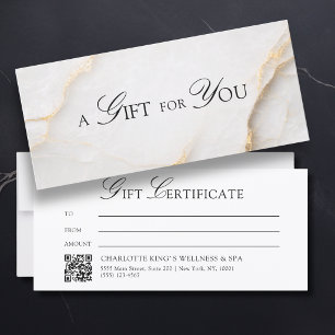 Certificat Cadeau QR Code en Marbre Blanc Élégant