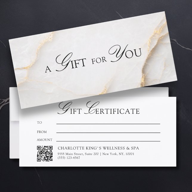 Certificat Cadeau QR Code en Marbre Blanc Élégant (A Gift for You! White Gold Marble QR Code)