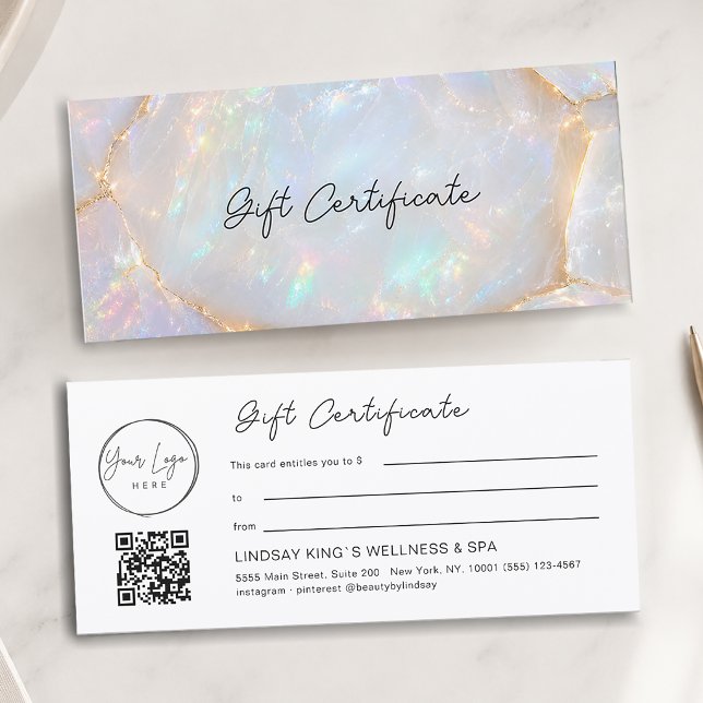 Certificat cadeau QR Code Logo Opale Luxe (Luxury Opal Logo QR Code Gift Card Certificate)