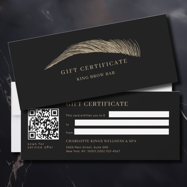 Certificat cadeau QR Code Salon de sourcils minima (Minimal Elegant Eyebrow Salon Black QR Code Gift Certificate)