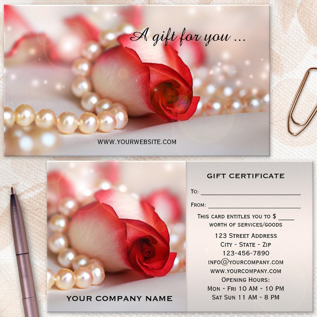 Certificat Cadeau Rose Romantique et Perles (A modern business card sized gift certificate featuring a rose with pearls and festive light sparkle)