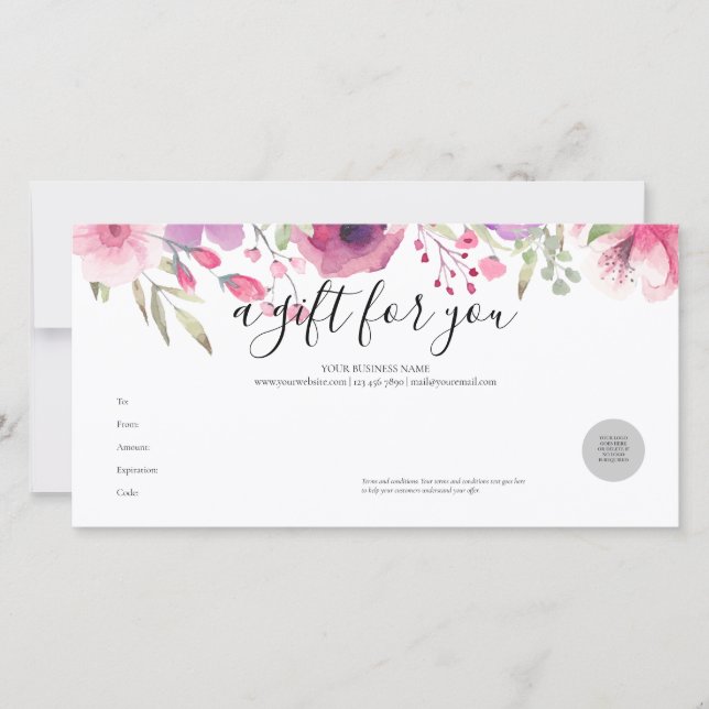 Certificat Cadeau Roses Aquarelle (Devant)
