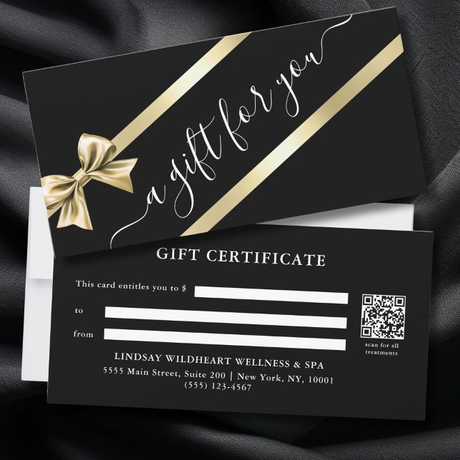 CERTIFICAT CADEAU RUBAN NOIR OR ÉLÉGANT (ELEGANT GOLD BLACK RIBBON QR CODE BUSINESS GIFT CERTIFICATE)