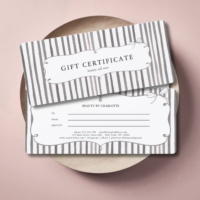 Certificat Cadeau Ruban Rayure Grise Blanche Vinta (Gray White Stripe Vintage Bow Gift Certificate)