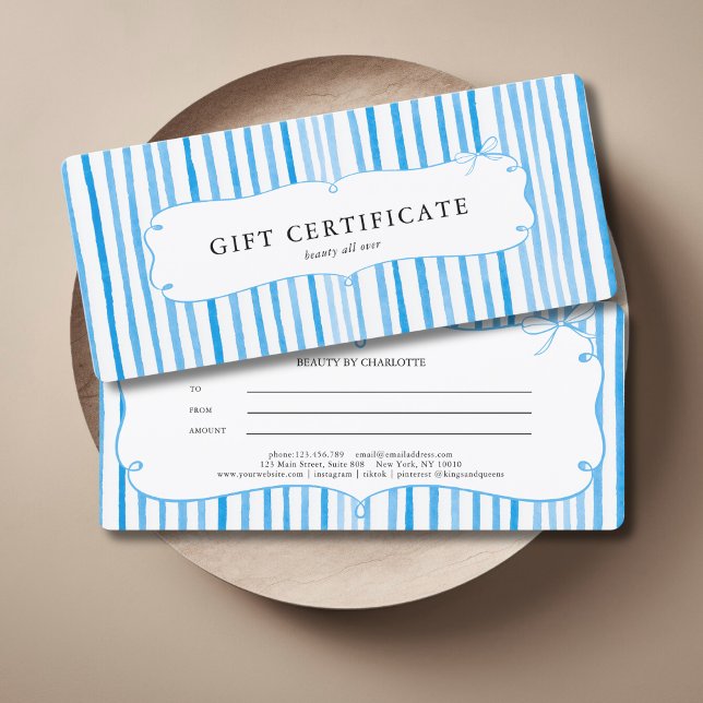 Certificat Cadeau Ruban Vintage Bleu Blanc Rayé (Blue White Stripe Vintage Bow Gift Certificate)