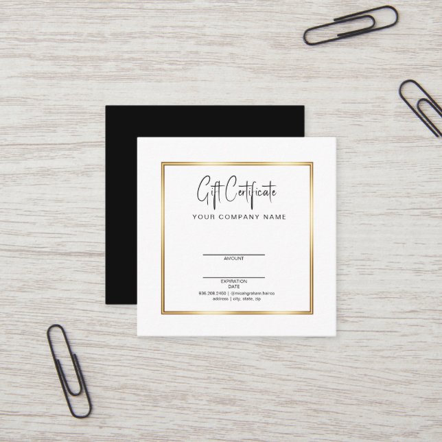 Certificat Cadeau Salon Chic Noir et Or (Devant/Arrière en situation)